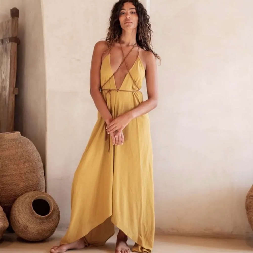Caravana linen yetzi yellow dress one size tribe ceremony leather handmade rare